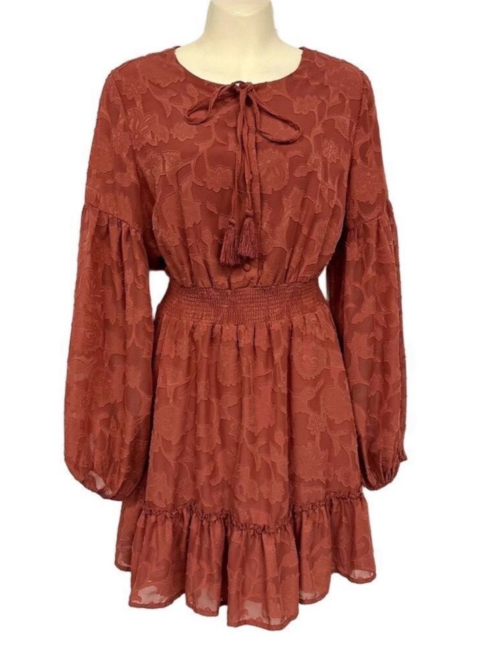 Lulus jacquard long sleeve dress Large Mini Ruffles tassel round neck Romantic